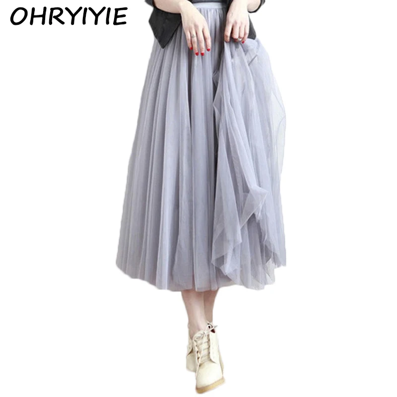 

OHRYIYIE High Waist Tulle Skirt Women 2022 Summer Party Elastic Waist Long Skirt Girl Princess Skirt Sun Fluffy Tutu Skirt Femme