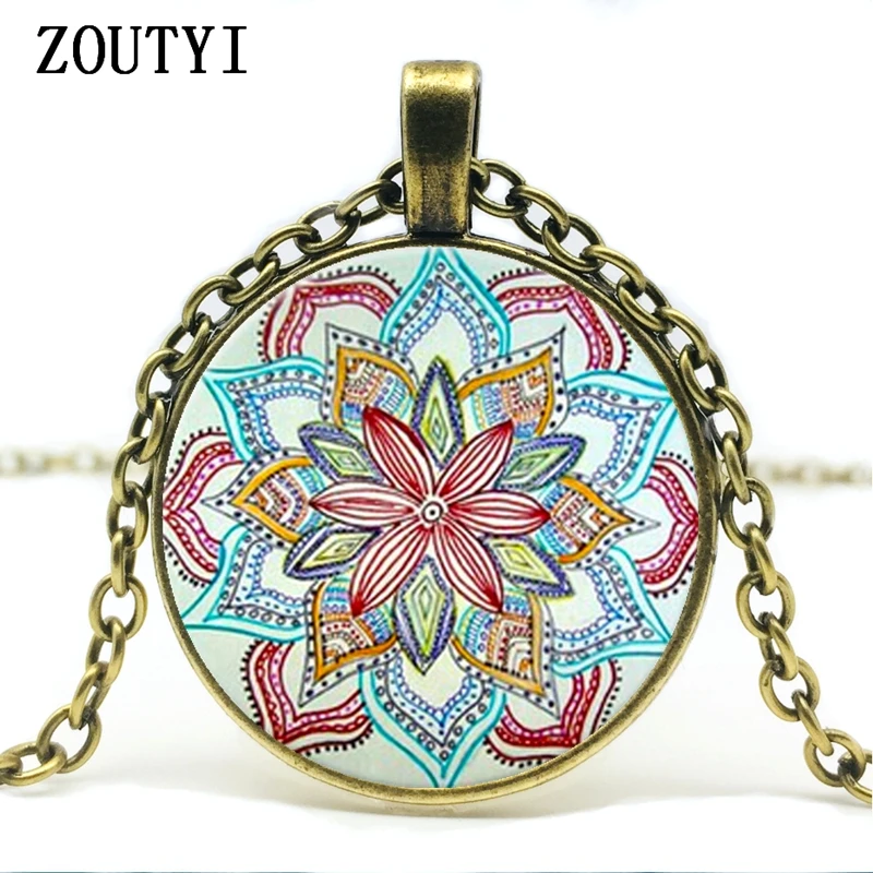 

2018/ hot sale, glass dome necklace mandala flower necklace jewelry yaga henna om symbol Zen Buddhism.