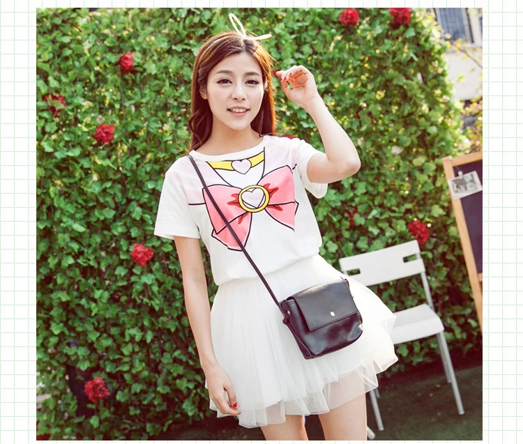 

Pink&Blue Sailor moon T shirts Sailor Summer HARAJUKU Juniors Cartoons Bow printed Casual Cotton Short sleeve Summer t-shirt