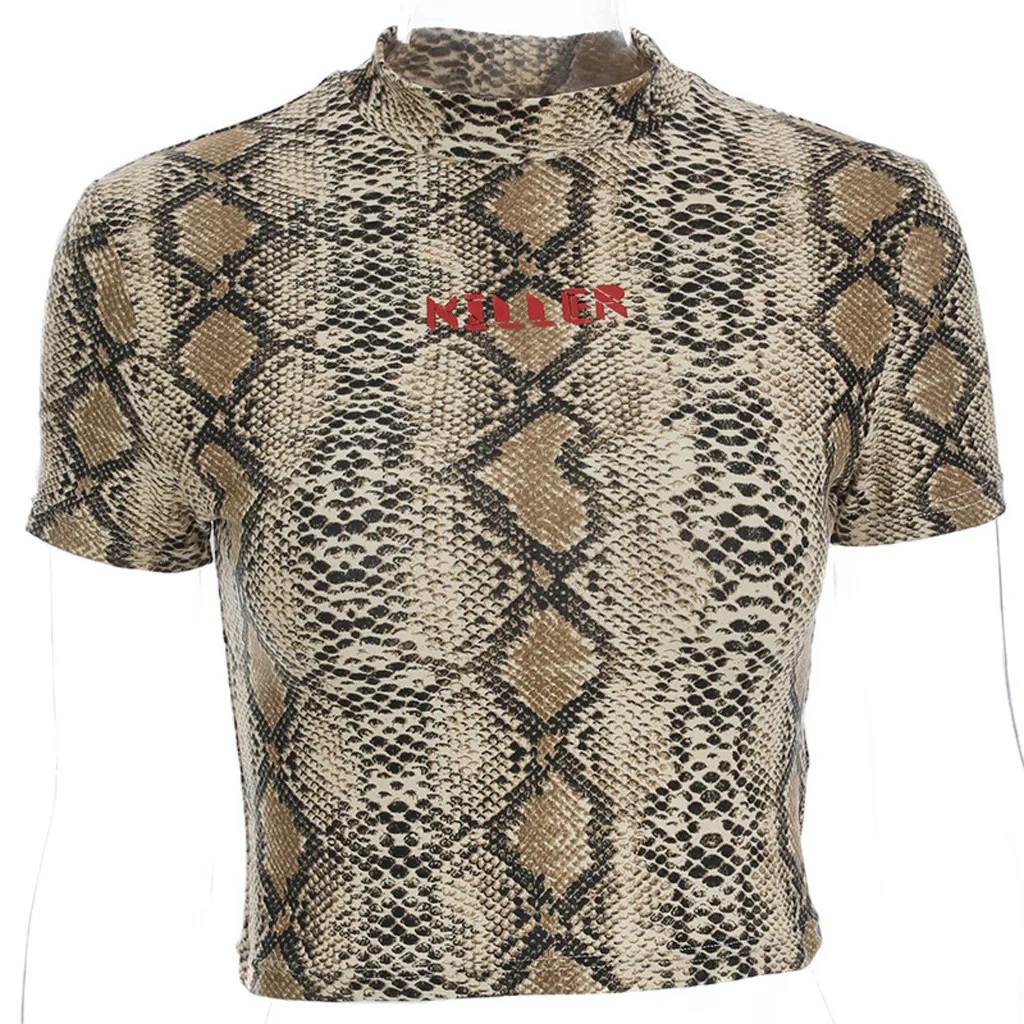 

New Design Fashion Women O-Neck Short Sleeve Snake Striped Print Short Crop Top T-shirt Gift for women