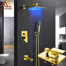 Quyanre светодиодный Золотой смеситель для душа 1" дюймовый душ со светодиодной подсветкой 3-Way смеситель кран ванна носик кран для ванной комнаты душа кран Набор