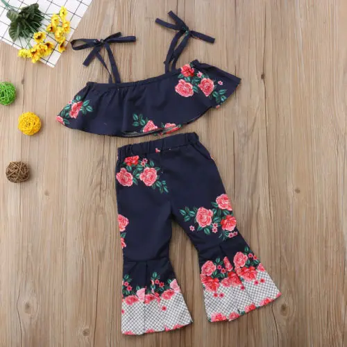 Комплекты одежды для маленьких девочек; топы с цветочным принтом на бретельках; штаны с колокольчиками; комплект одежды