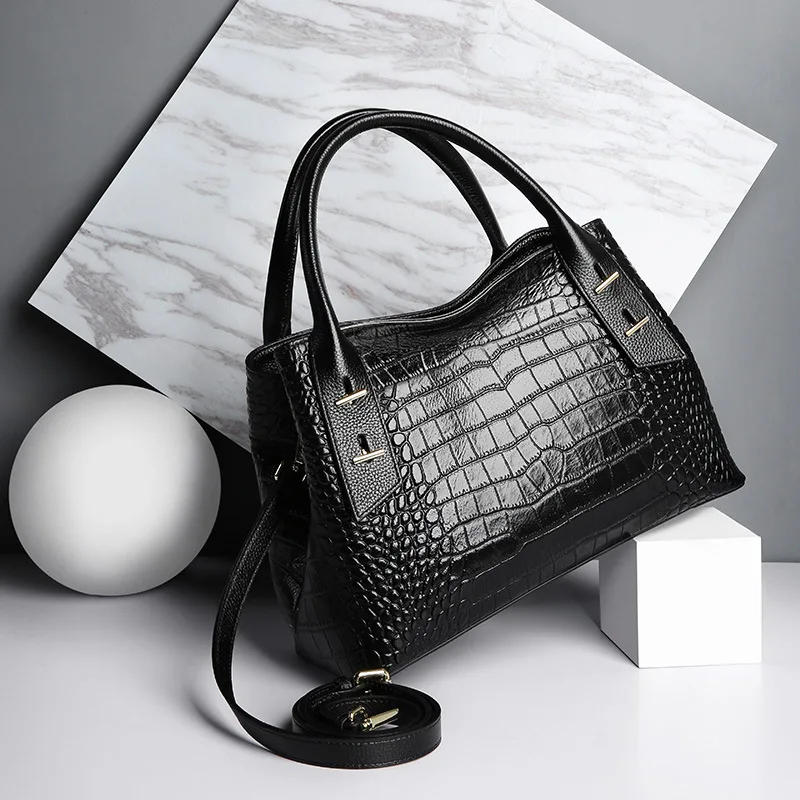 Zency Высококачественная женская сумка-тоут с узором «крокодиловая кожа», натуральная кожа, черные сумки на плечо, модные деловые сумки через плечо