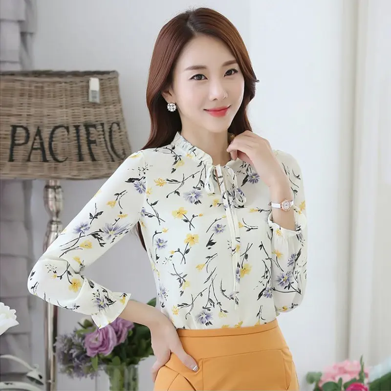 

Summer Women Sweet Fashion Floral Printed Long Sleeve Floral Casual Office Work Lady Loose Chiffon Blouse New Arrival