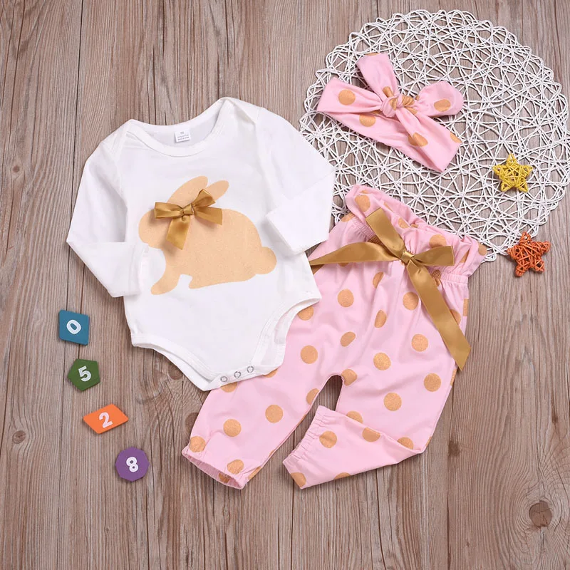 

Newborn Baby Girls Clothes Set Top Romper Dot Pants Outfits With Bowknot Headband Infant Girl Clothing 3Pcs Suit Kit Roupa Bebe