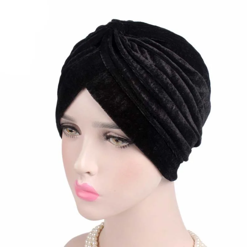 

Muslim Women Stretch Strip Velvet Ruffle Turban Hats Chemo Beanie Bandana Hijab Pleated Wrap Cover Cap Hair Loss for Cancer