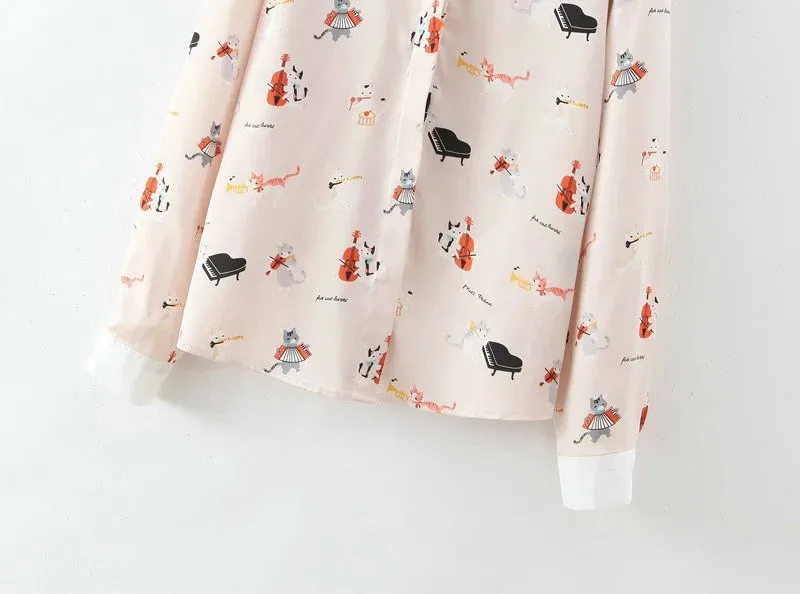 Новинка, милая винтажная шифоновая блуза с вышитым котом и воротником для фортепиано, гитары, кошки, женская рубашка с длинным рукавом, 2 цвета