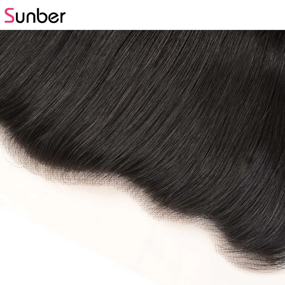 Sunber волосы прямой прозрачный кружевной фронтальный Человеческие волосы remy 1" x 4" уха до уха предварительно сорванные Preuvian волосы