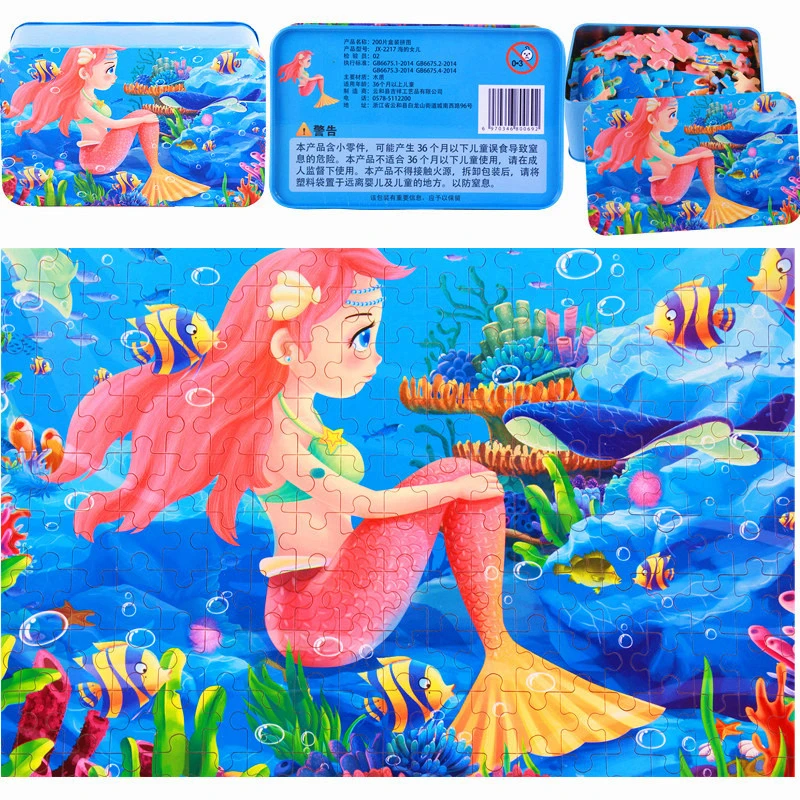

100 200 Slice Wooden Puzzle Toys with Iron Box Kids Cartoon Wood Jigsaw Puzzles Educational Toys for Children Christmas Gift