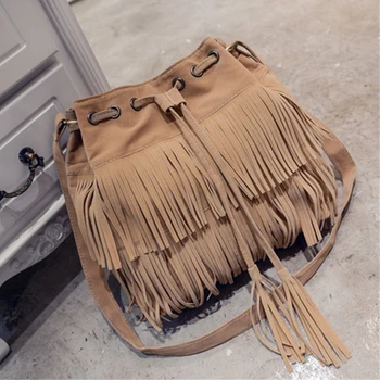 

100 pcs/ lot Retro Faux Suede Fringe Women Bag Messenger Bags New Handbag Tassel Shoulder Handbags Drawstring Crossbody Gift