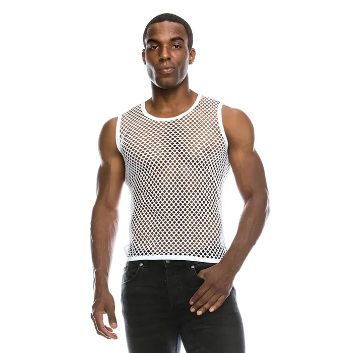 Мужская сетчатая Прозрачная Футболка в сеточку,, модная Сексуальная футболка с коротким рукавом для ночного клуба, мужские вечерние футболки для выступлений, уличная одежда, топы - Цвет: white Vest
