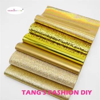 

6pcs-High Quality NEW MIX STYLE GOLD COLOR mix PU leather set/synthetic leather set/DIY fabric artificial leather