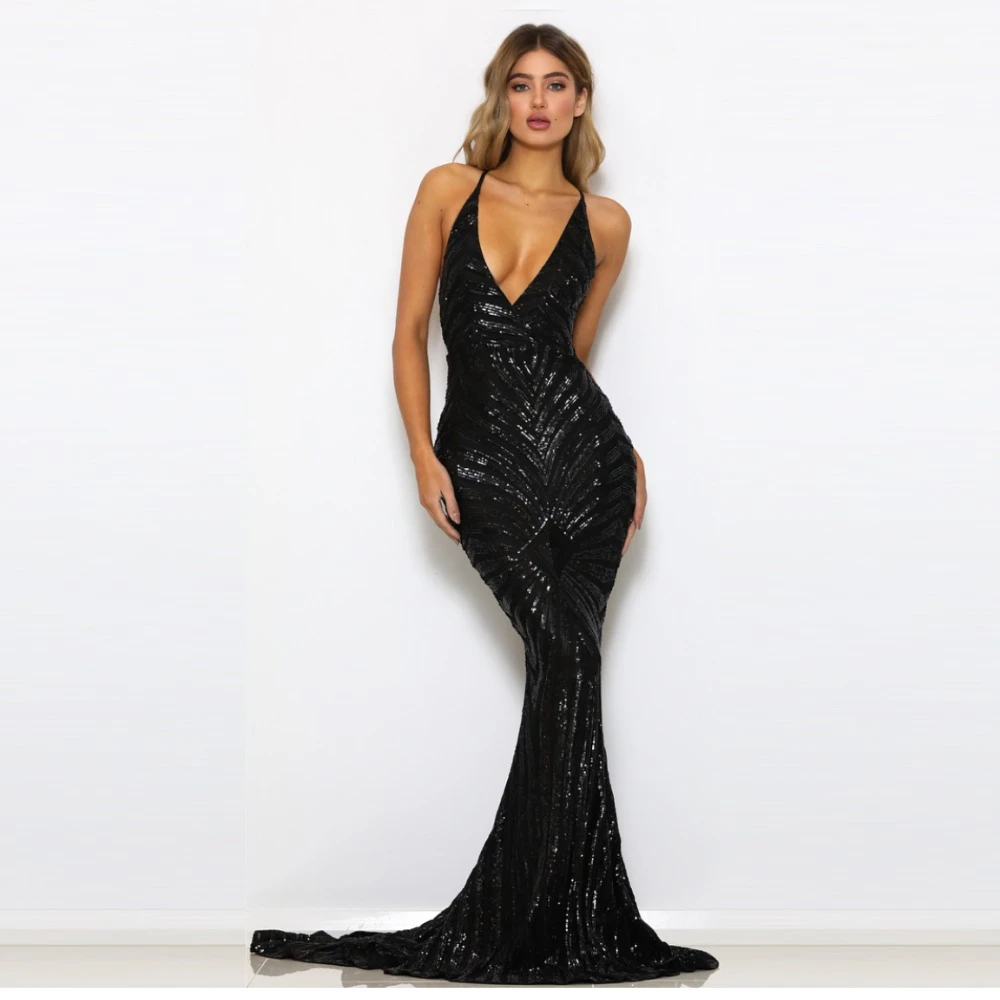 black sequin floor length dress