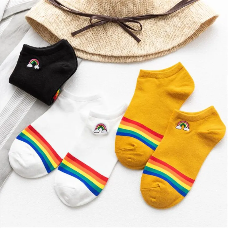 

Korean Harajuku Cute Rainbow Ankle Socks Women Funny Embroidery Colorful Yellow White Black Color Cotton Short Socks For Girl