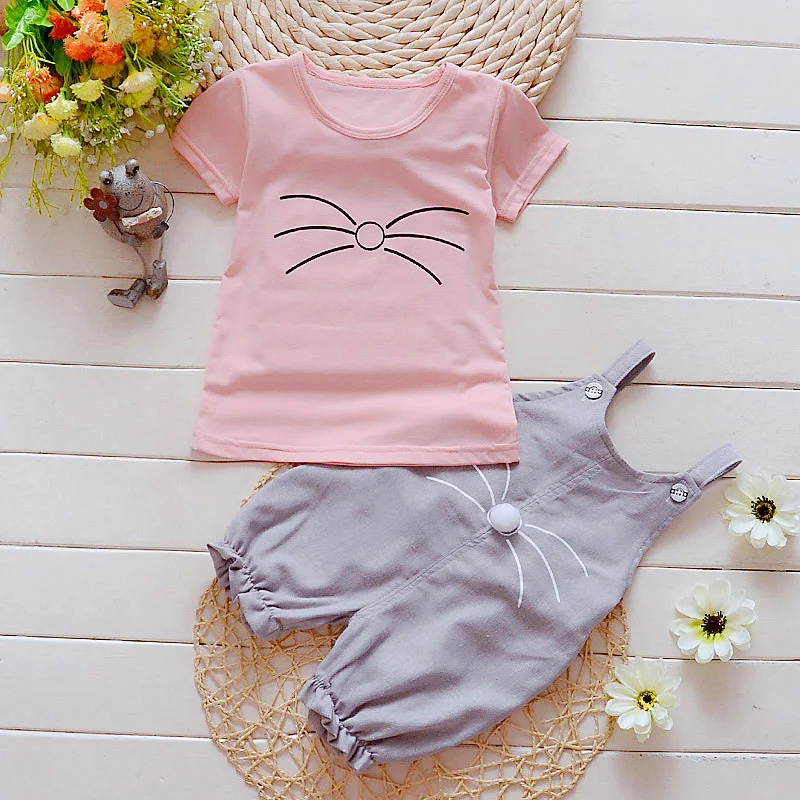 BibiCola/Летняя одежда для маленьких девочек; футболка с рисунком для маленьких девочек+ комбинезон; комплект со штанами; детский летний комплект одежды для девочек