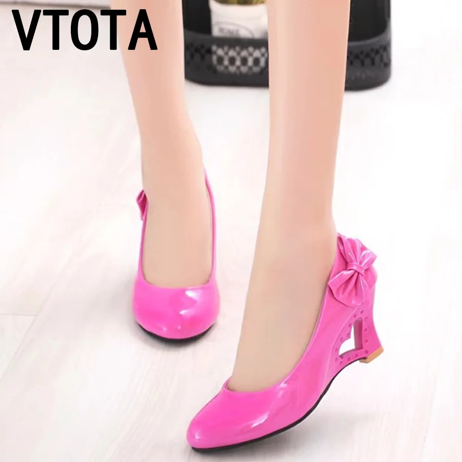 

VTOTA Women High Heels Fashion Round Fead Hollow Wedge Pumps Zapatillas Mujer Bow-Knot Large Size Slip On Single Luxury Shoes L6