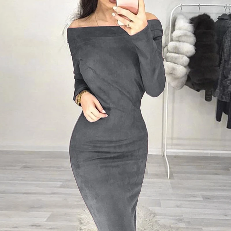 2018 Sexy Bodycon Off Shoulder Autumn Winter Women Dress Female Womens Holiday Party Casual Dresses Femme Solid Color Vestidos