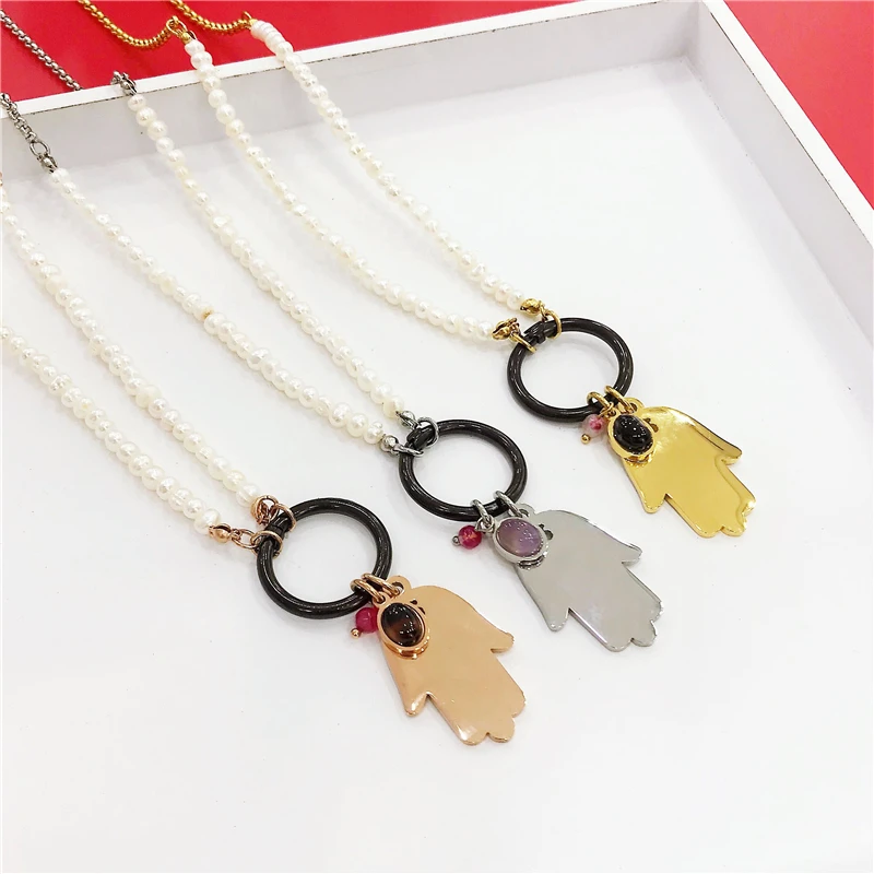 

Luxury Brand Bear Freshwater Pearl Gold Chain Hand Natural Stone Geometric Necklace Pendants Jewelry For Women Wedding Gifts