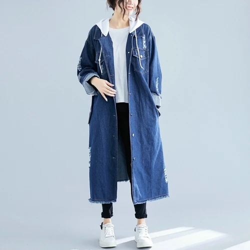 Female Denim Cardigan Hooded Trench Detachable Long Hoodie Denim Trench Coat Women's Windbreaker Large Size Ladies Clothes - Цвет: Dark Blue