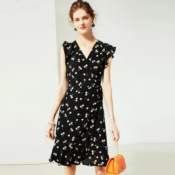 

Summer Dress 2019 Women's New Fashion Silk Printed V-Neck Sleeveless Slim A-Line Casual Dress Knee Length S-XL