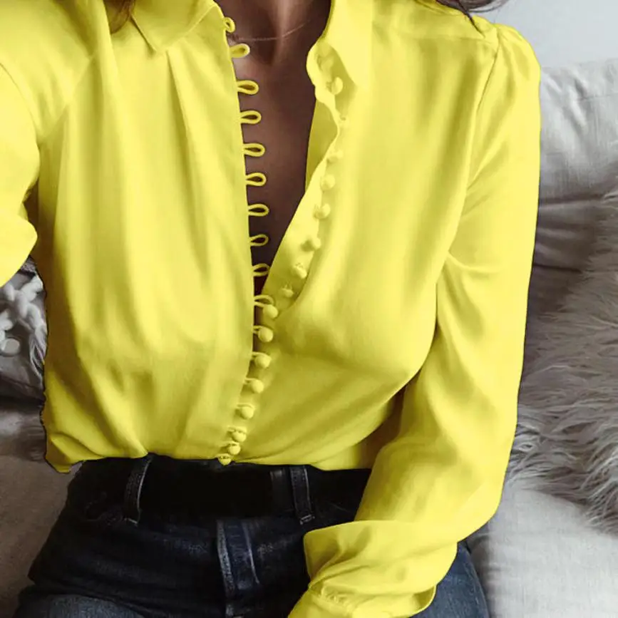 KANCOOLD футболка Новая высококачественная модная Однотонная футболка с длинными рукавами и отворотом женская футболка на пуговицах с отложным воротником JAN29 - Цвет: Yellow