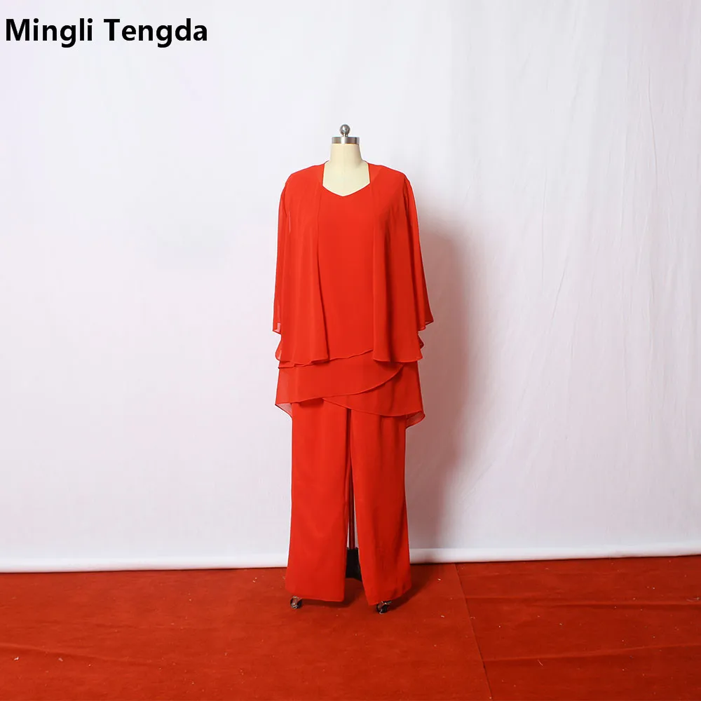 

Mingli Tengda Red Chiffon Three Pieces Mother of the Bride Pant Suits Beach Simple Mother of the Bride Dresses Custom Made 2018
