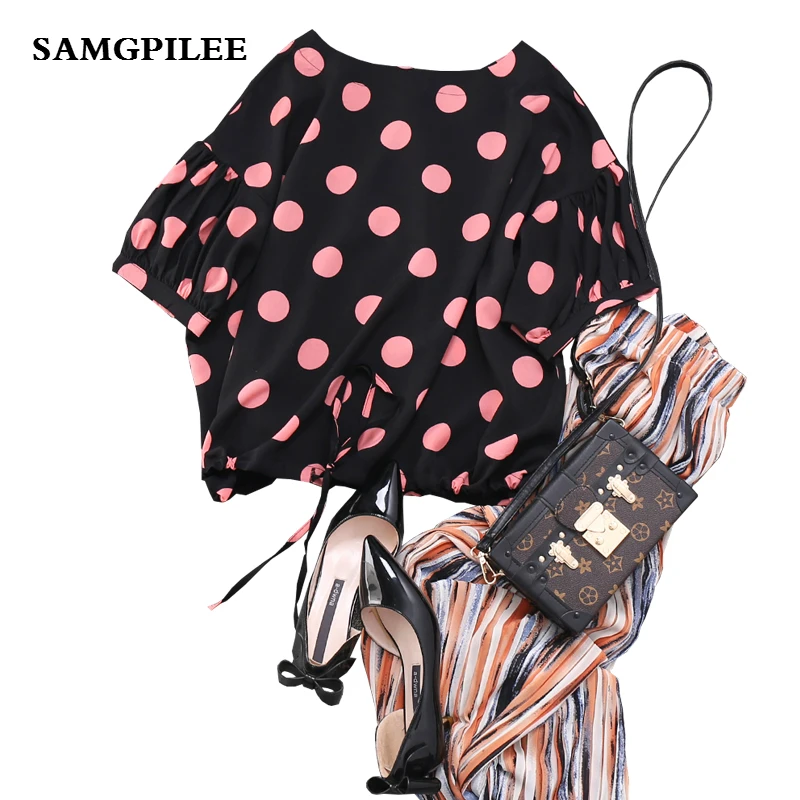 

Plus Size Blusas 2019 New Casual Chiffon Half Sleeve Appliques Polka Dot O-neck Lantern Women Blouses & Shirt L-3xl