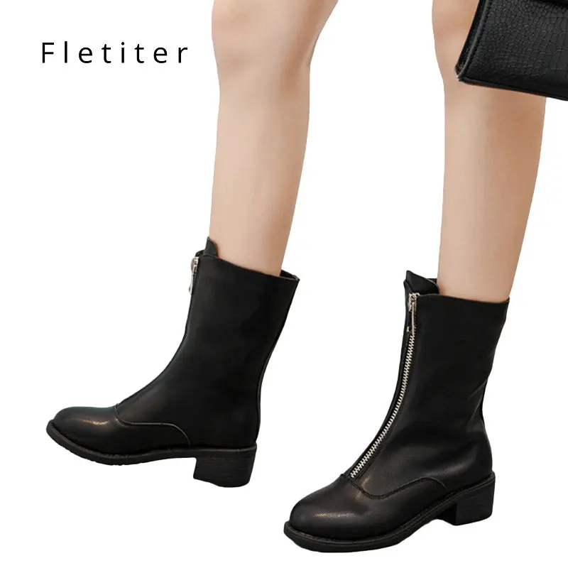 

Ankle Boots Women ladies 4.5cm Med Heels Genuine Leather Shoes Winter Woman Plush Flat Platform Boots Women size 35-40 Fletiter