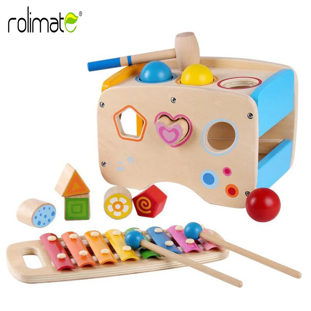 

Rolimate Musical Toys for Children Wooden Music Pounding Bench Shape Sorter with Xylophone Christmas Gift