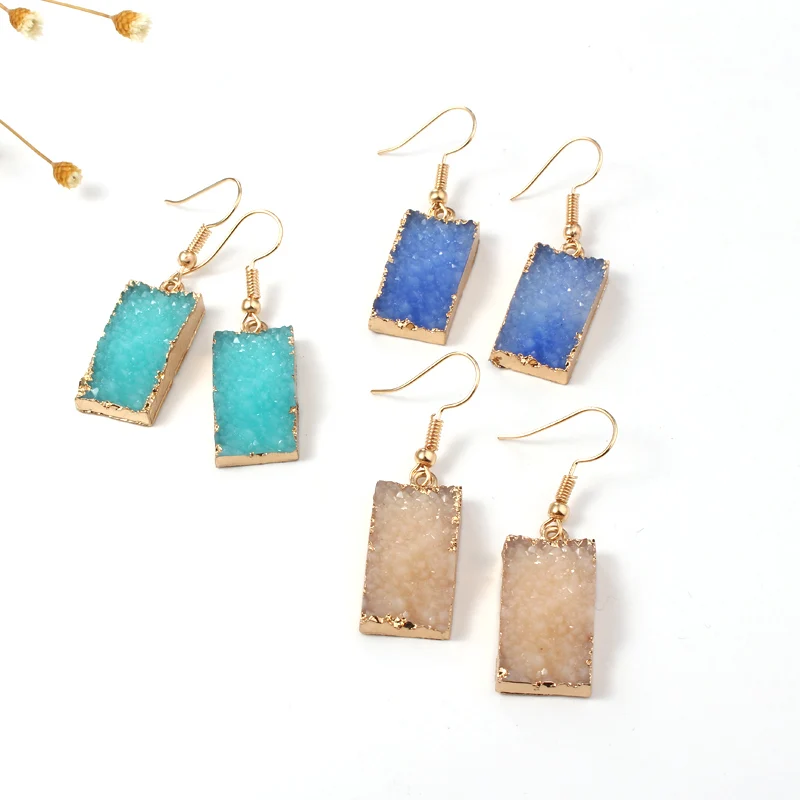 

1Pair Resin Stone Druzy Earings For Women Jewelry Handmade Rectangle Drusy Drop Dangle Earing Eardrop Christmas Earrings E1091