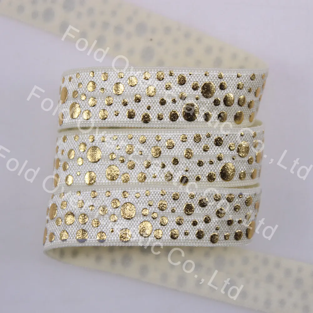 

New design 5/8" fold over elastic gold foil dots printed foe elastic 820 candlelight 100yards/lot free shipping