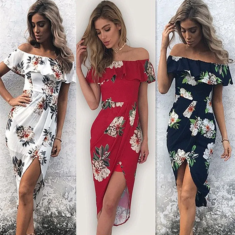 

Ladies Sexy off Shoulder Irregularly Printed Beach robes Summer Fashion Splits Chiffon Dress AliExpress EBay Amazon Wish Explosi
