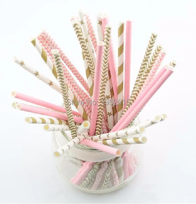 

Hot 125pcs(5bags)pink gold striped mixed kids birthday wedding decorative party decoration event supplies drinking Paper Straws