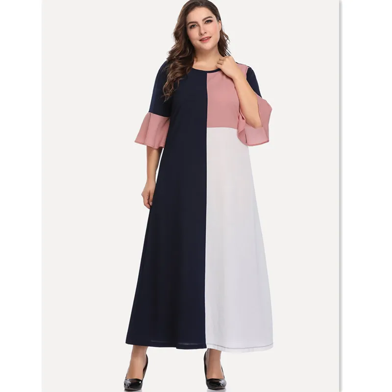 XL-5XL Макси платье для Для женщин летнее платье плюс Размеры Contrast Gown Цвет Лоскутная Половина рукавом роковой платье HY88002