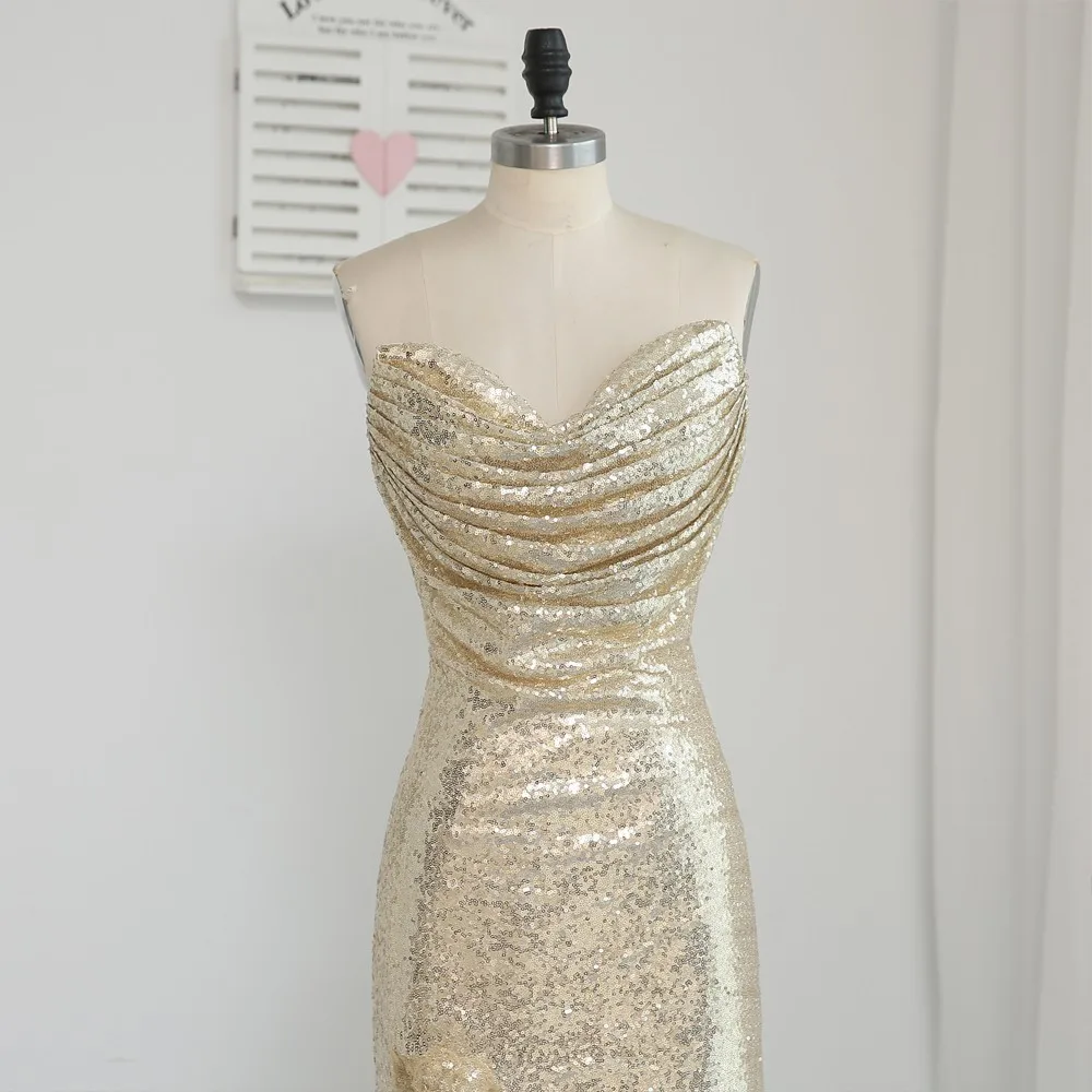 Sweetheart Champagne Sequins Slit Backless Mermaid Wedding Party Bridesmaid Dress