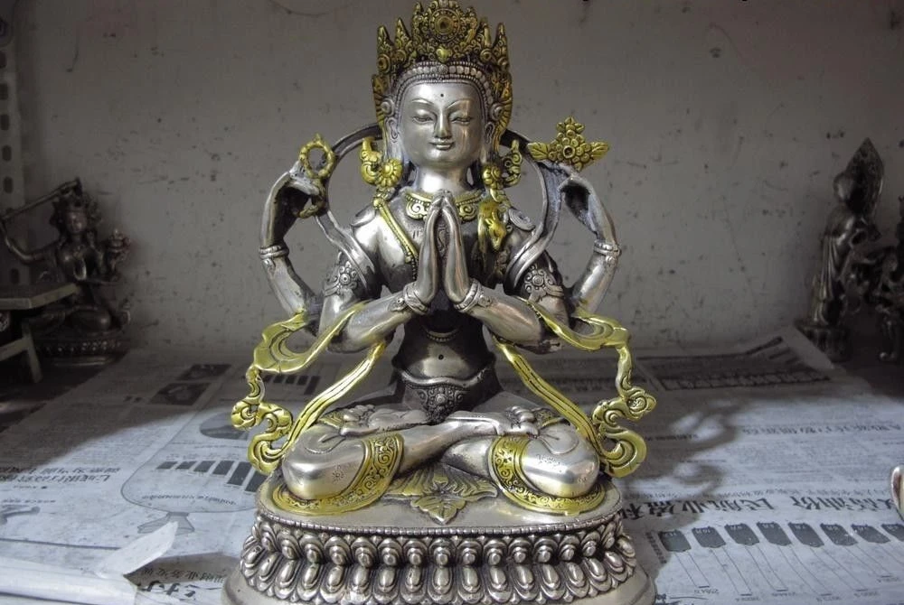 

Tibet White copper silver Gild Four arms Guan Yin Kwan-yin Goddess Buddha Statue