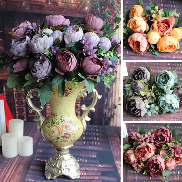 Artificial Fake Peony Silk Fl 12 Heads Flowers Bridal Bouquet Artificial Fake Peony Silk Fl 12 Heads Flowers Bridal Bouquet Flower Arrangement Home Wedding Table Decor