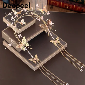 

Deepeel 1pc Metal Hairbands Headwear Gold Pearl Bow Tassel Hairbands Hair Accessories Manual Process Wedding Bridal Decoration