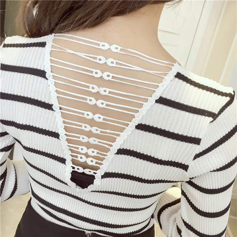 Knitted Sweaters Fashion Sexy V neck Sweater Women Autumn New Back Hollow Knit Pullover Black White Stripe Pull Femme 2018