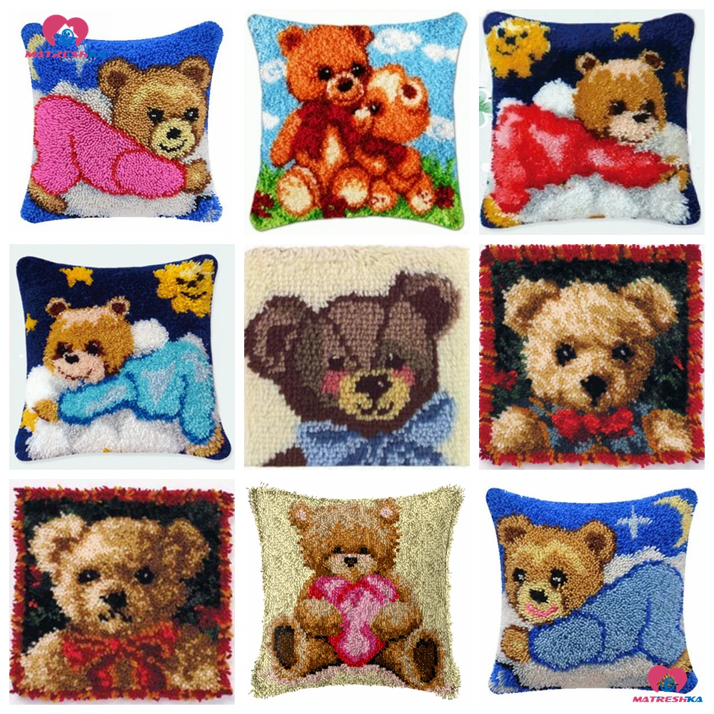 

Latch Hook kits Pillow Bear Diy Handmade Printed Canvas Cushion Latch Hook Rug Kits DIY Unfinished Christmas decor accessories