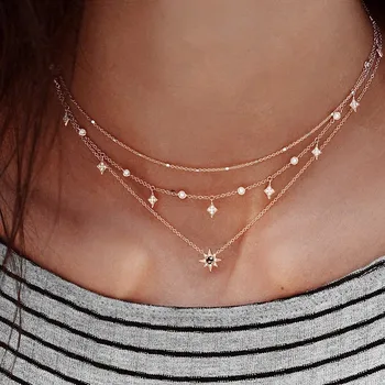 

KISS WIFE Fashion New Multi-layer Star Pendant Necklace Tassel Pendant Multilayer Clavicle Necklace Women Charm Gold Party Gift