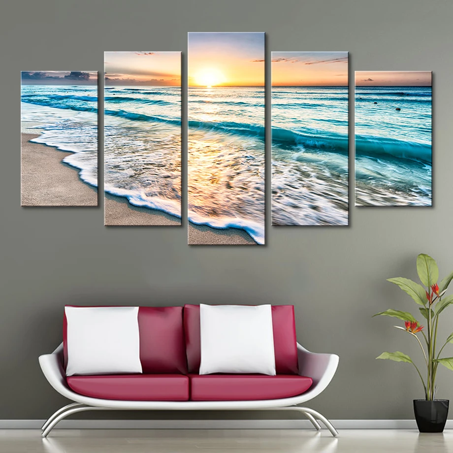 

Wall Art HD Print Paintings Modular Posters Pictures Canvas 5 Panel Waves On Beach At Sunset Seascape Home Decor Modern