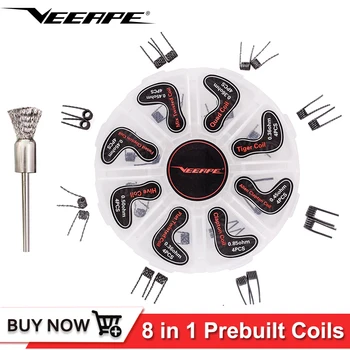 

Veeape 8 In 1 Prebuilt Coil Box Kit Hive Quad Tiger Fused clapton Mix twisted Clapton Alien coil brusher premade Wire 32pcs