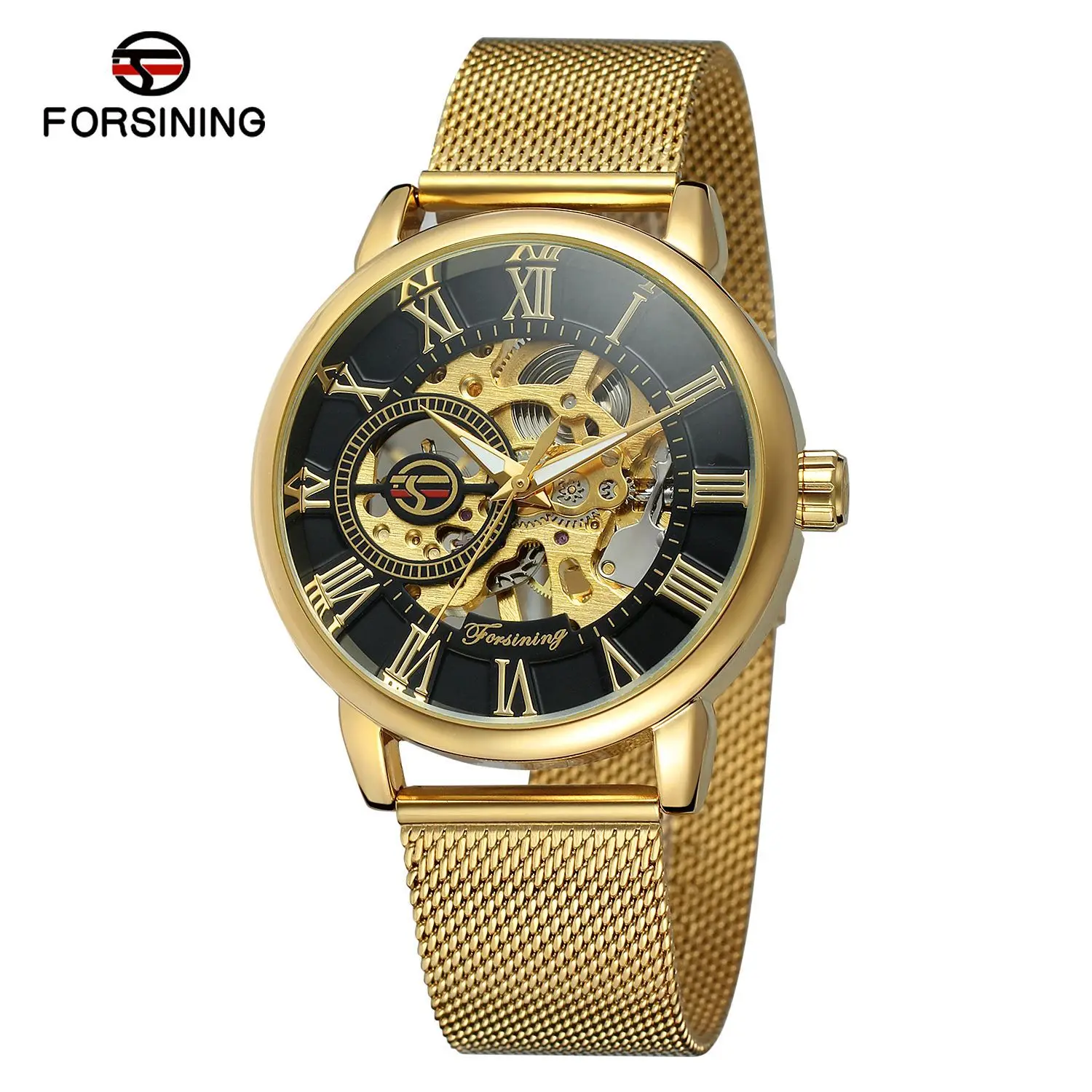 

Forsining Top Brand Transparent Case Fashion 3d Logo Engraving Golden Stainless Steel Men Gift Mechanical Watch Luxury Skeleton