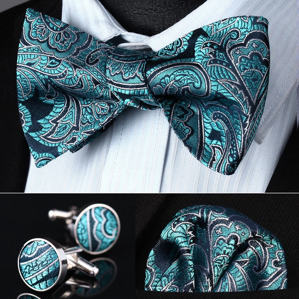 BZP13Q Aqua Paisley Men Silk Self Bow Tie handkerchief Cufflinks setin
