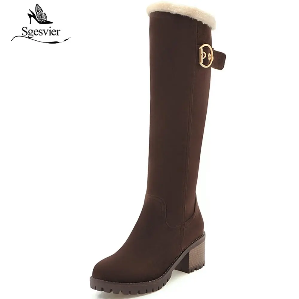 Cena SgesvierWomen buty damskie zimowe buty kobieta futro ciepłe buty na śnieg moda kwadratowe wysokie obcasy buty do kolan czarne buty