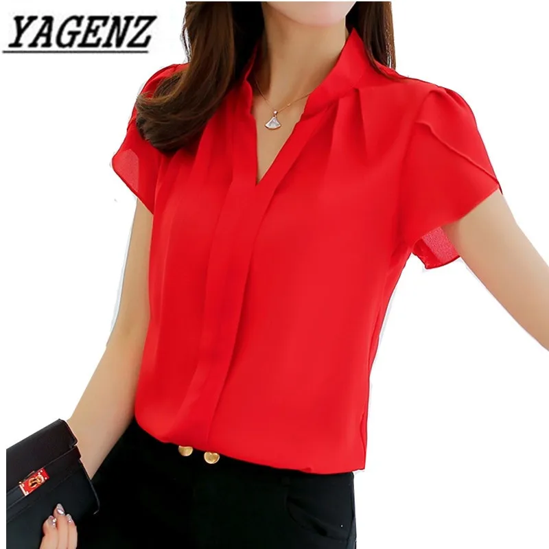 

Hot 2019 Summer Short-Sleeved Women's Chiffon Blouses Plus Size Slim Solid V-neck Blouse Shirt Female Pullover Casual Tops 3XL