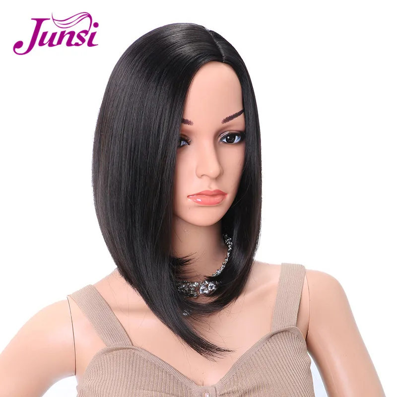 

JUNSI Short Straight Hair Synthetic Natural Black Colour Hair Heat Resistant Bob Wig for Women