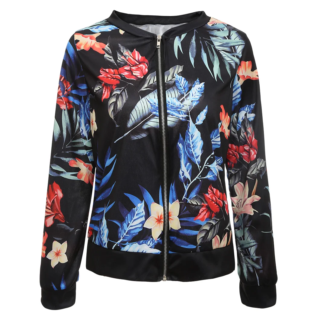 2018 Autumn Plus Size Women Vintage Floral Print Zipper Bomber Jacket