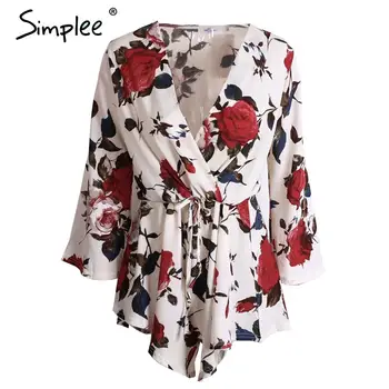 Simplee Apparel Boho red floral print elegant jumpsuit romper Summer style sexy v neck women playsuit Beach chiffon overalls